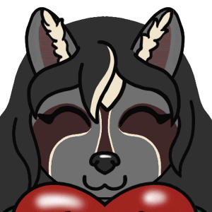 A raccoon furry, smiling and holding up a heart as her ears wiggle.