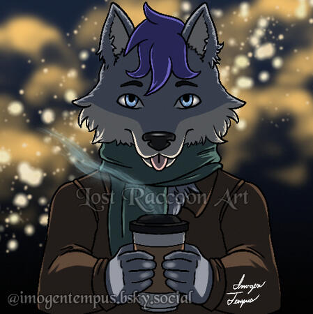 Digital art of a blue wolf furry holding a coffee and sticking his tongue out. Requested by FutureSuccess27.