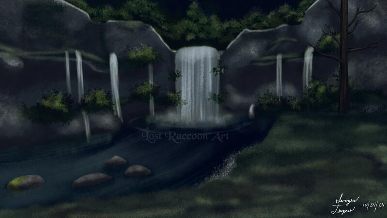 A digital painting of the waterfalls in Grauberg, from Final Fantasy XI.