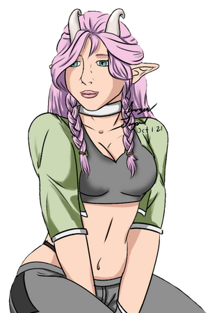 My OC Nyla, a fair skinned dragon girl character with pink hair, sitting shyly with her hands in her lap.