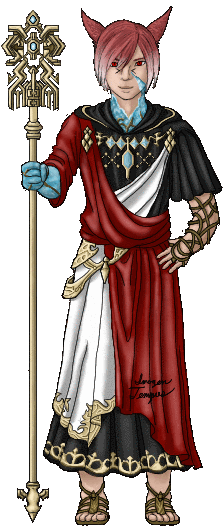 The Crystal Exarch from Final Fantasy XIV. His hood is down, and his ears wiggle when he taps his staff on the ground.