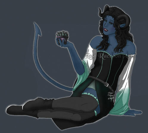 A tiefling sitting on the ground, leaning on one arm, while she holds a succulent in her free hand.