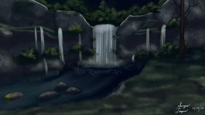 A digital painting of the waterfalls in Grauberg, from Final Fantasy XI.