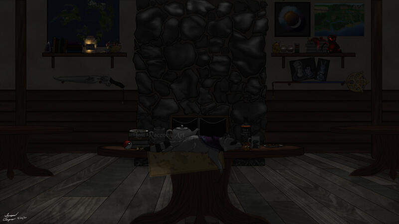 A raccoon is asleep on a cluttered table. Behind them is an unlit fireplace. The room is decorated in video game items from various games such as Final fantasy, and Stardew Valley.